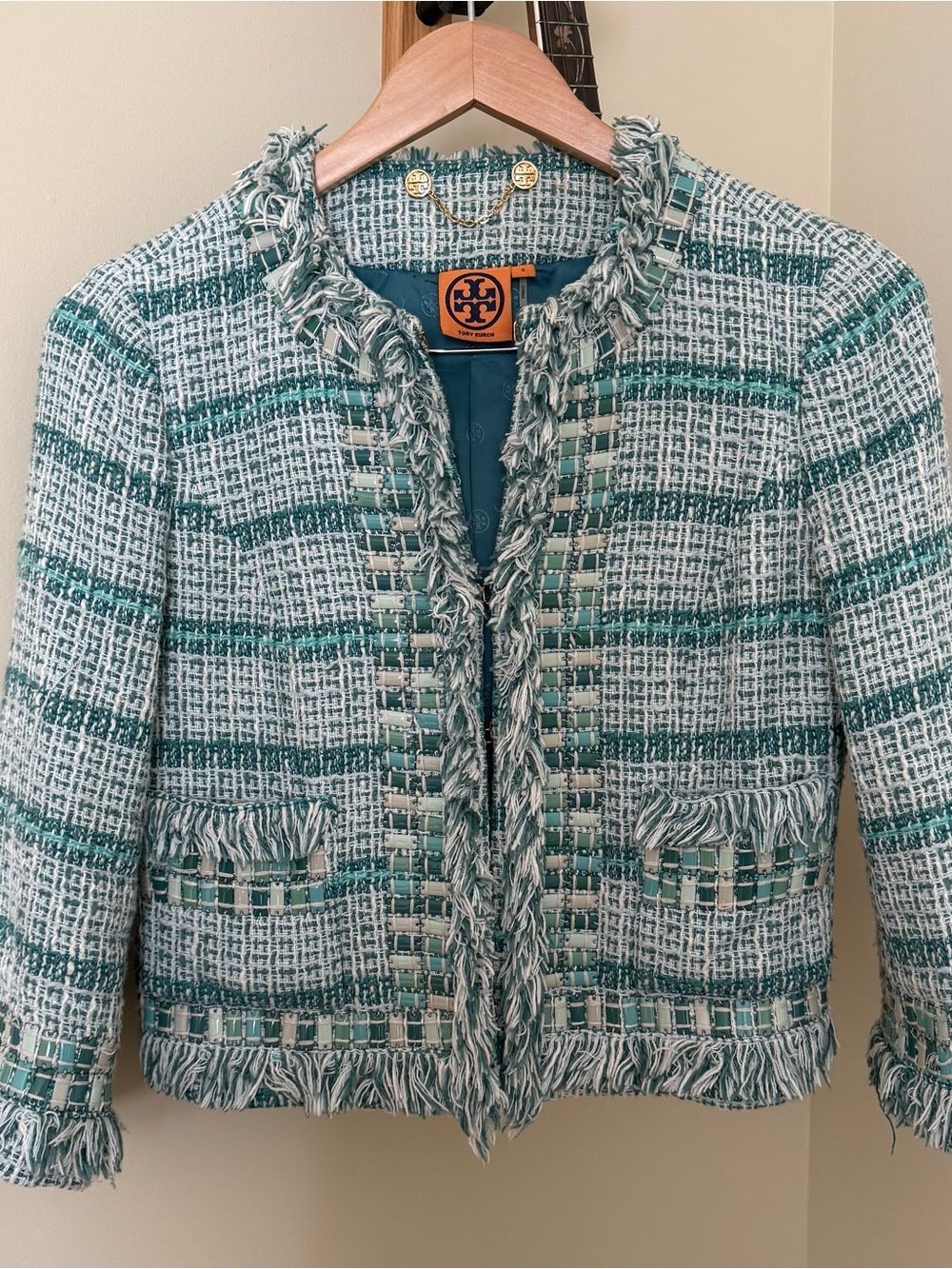 Tory Burch light green and white Tweed jacket with Fringe Trim - Picture 8 of 8